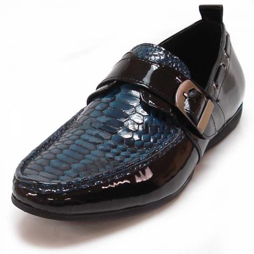 Encore By Fiesso Black / Blue Snake Print Loafer Shoes With Buckle FI3110